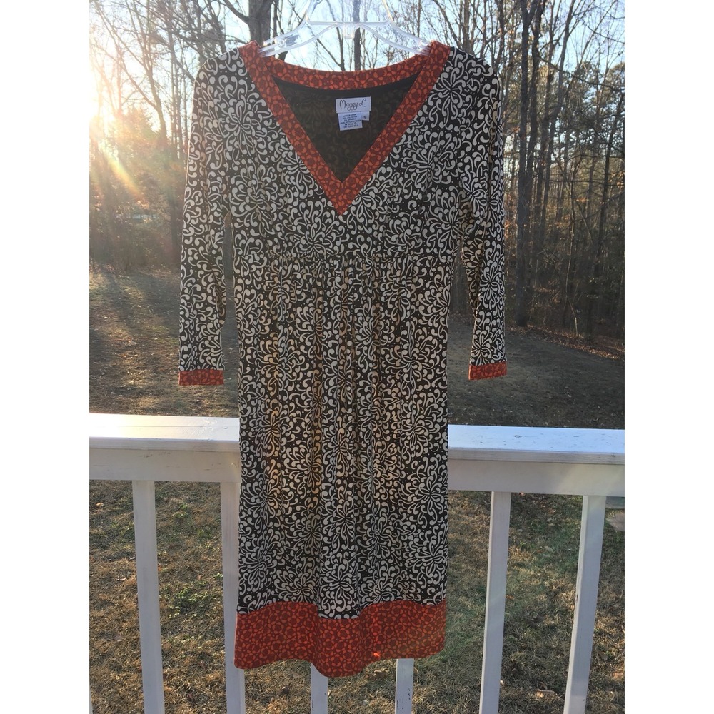 Maggy London Black White‎ Swirl Orange Floral V-Neck Empire Waist Dress Womens 6